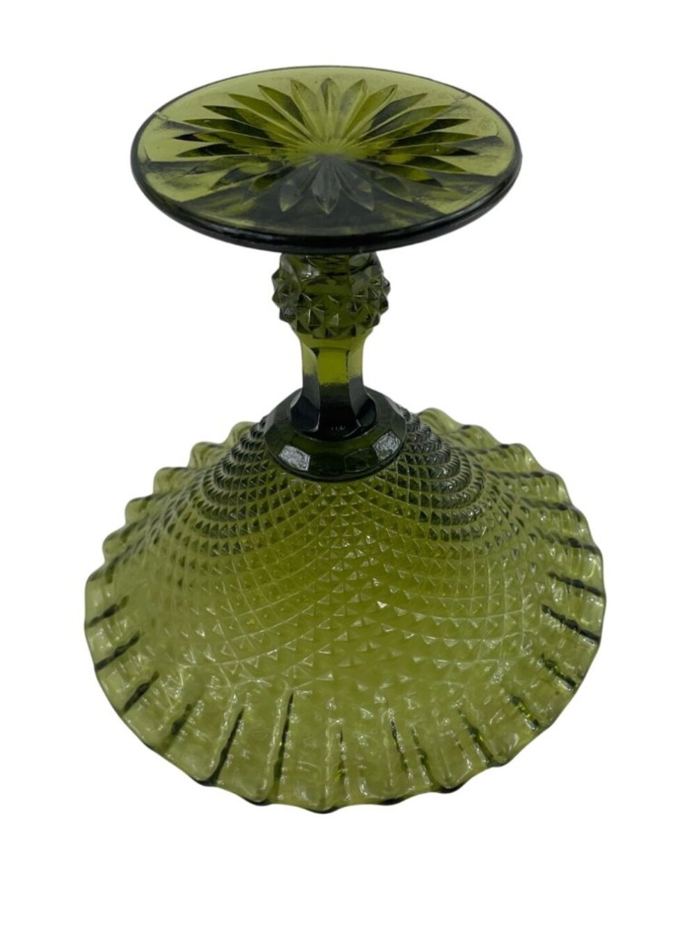 Vintage Green Glass Compote With Diamond Pattern & Ruffled Edge Pedestal Bowl - Picture 7 of 11